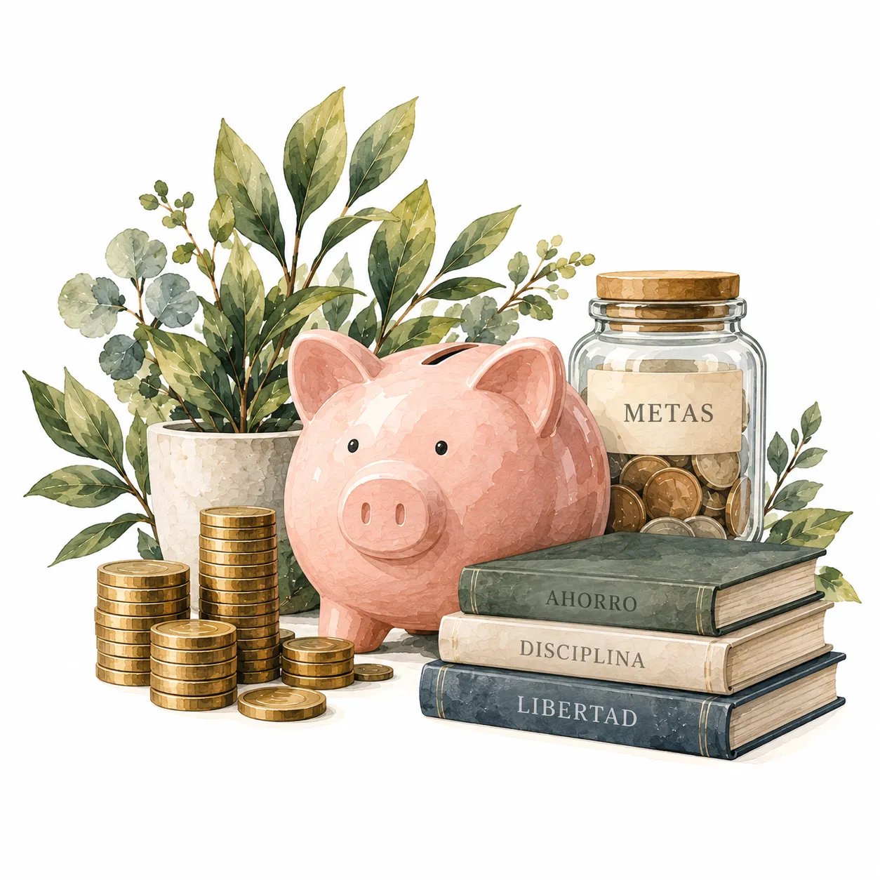 Acuarela de una alcancía, monedas y un frasco de metas