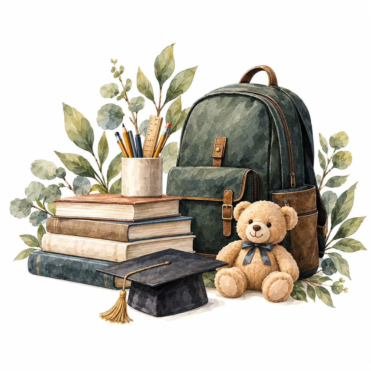 Acuarela de libros, una mochila, un birrete y un oso de peluche
